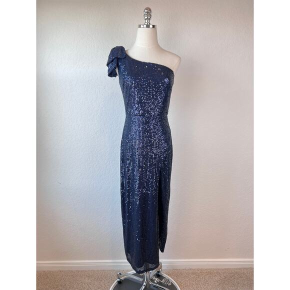 Ieena Duggal Sequined Bow Detail Midi Dress with High Slit Navy Blue size 2 - Picture 2 of 14